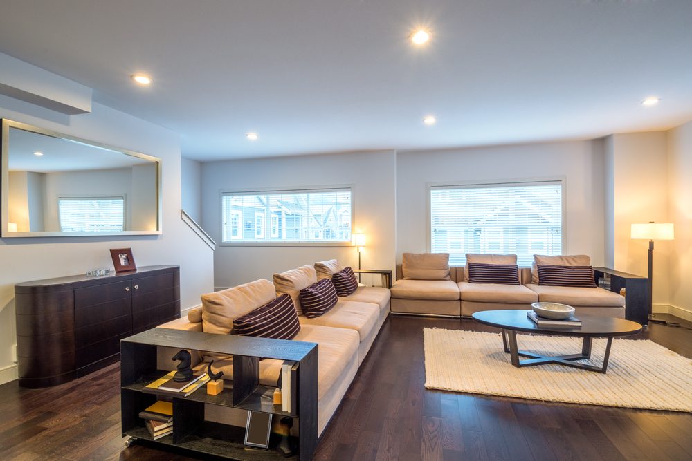 Spacious bright living room in luxury house. Interior design.